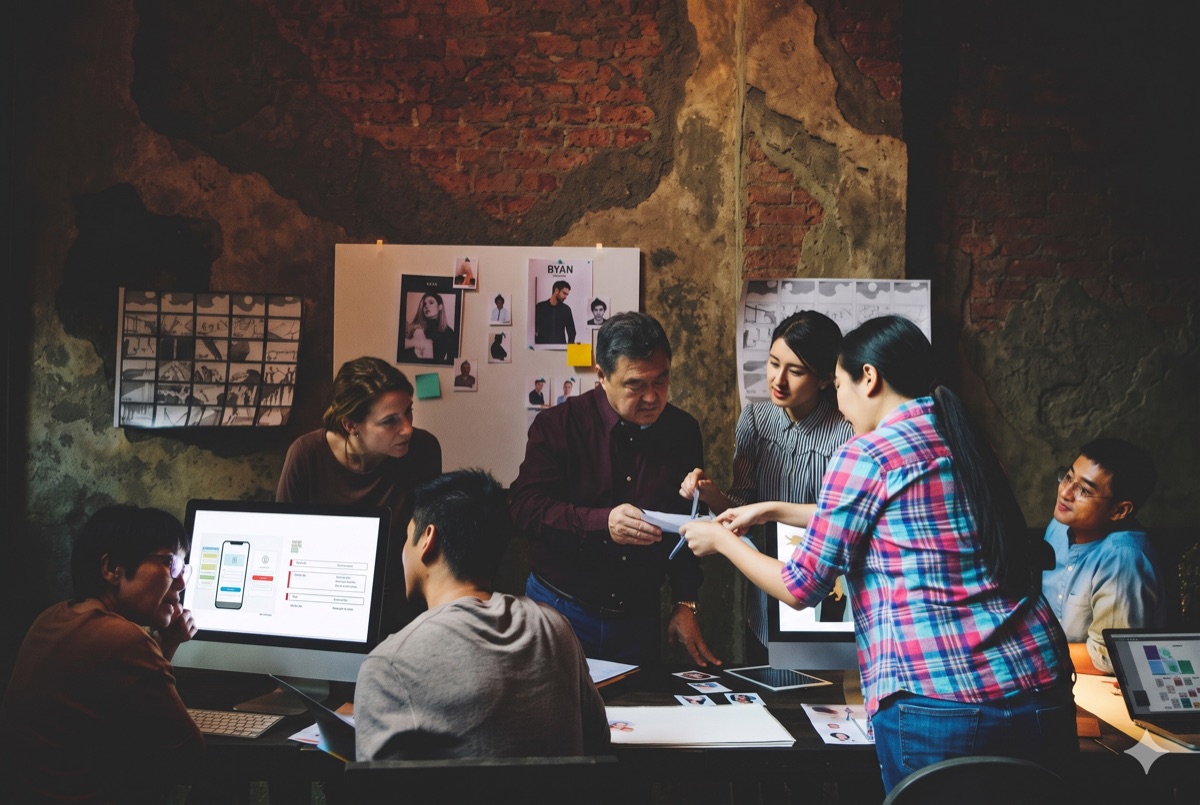 Team gathered around a desk in a brick-walled studio